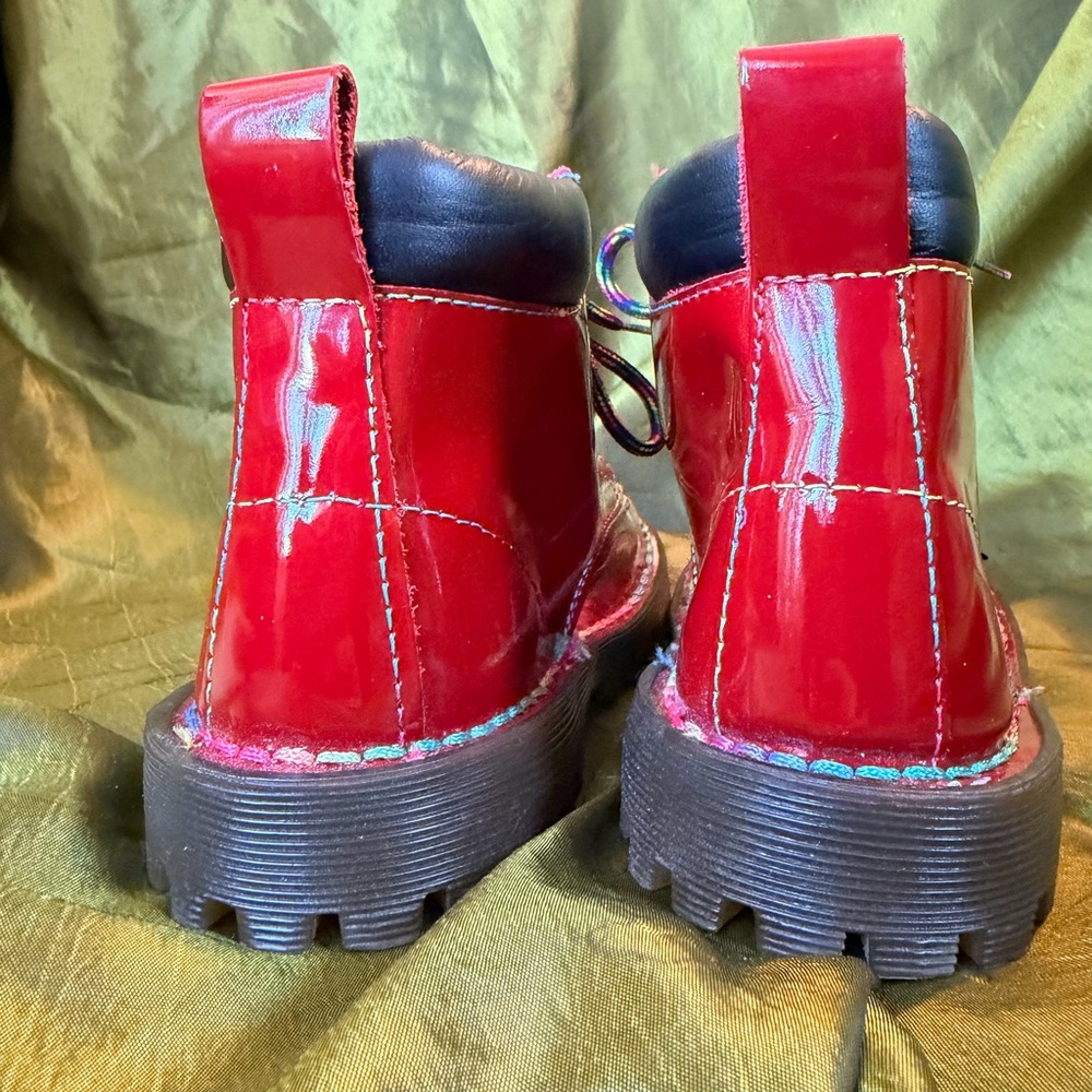 Dr. Martens Vintage Red Leather Boots With Rainbow Stitching - Picture 3 of 9